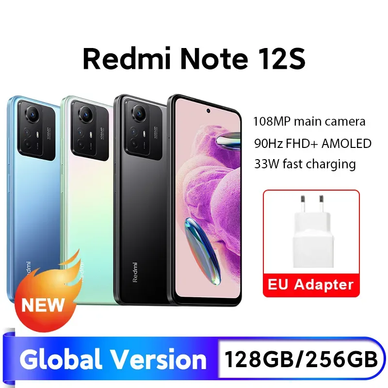 Xiaomi-Smartphone Redmi Note 12S, 128GB, 256GB, MTK Helio G96, 6.43 "AMOLED DotDisplay, 5000mAh, Câmera 108MP, Novo Smartphone