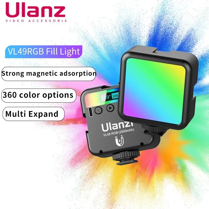 Ulanzi-VL49 RGB LED Light, Recarregável, 2000mAh, Lâmpada de preenchimento para Smartphones, Câmera, Gopro, Tiktok, Vídeo, Fotografia, Kit de Luz Pequeno