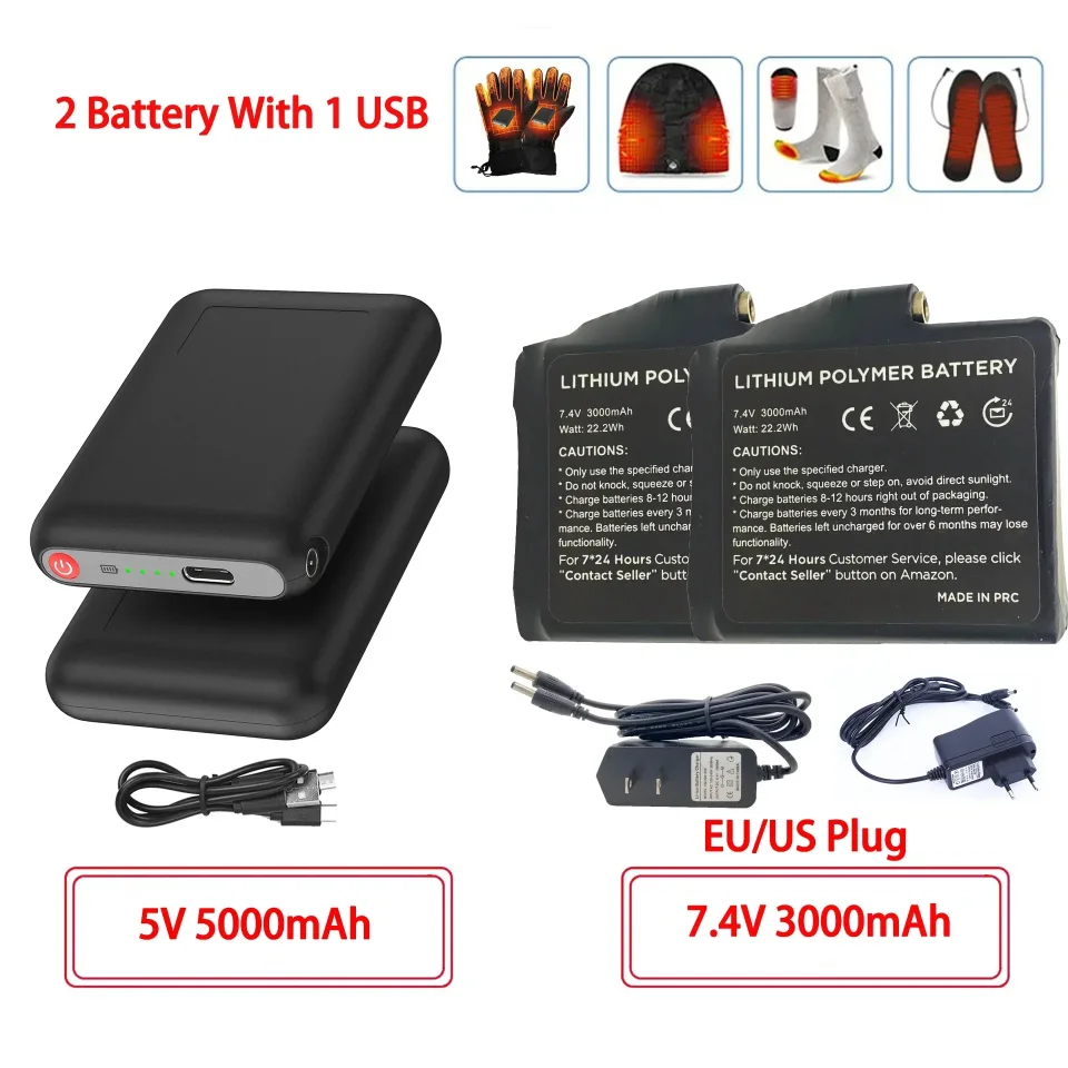 Inverno aquecido meias baterias 7.4v 3000mah/5v 5000mah li-polímero baterias para luvas quentes roupas chapéu carregador banco de potência