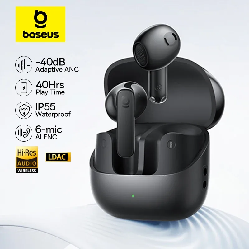 Baseus Bass BS1 NC -40dB Fones de ouvido sem fio ANC adaptáveis em tempo real Bluetooth 6.0 Fones de ouvido semi-abertos LDAC Áudio de alta resolução 6 microfones AI ENC