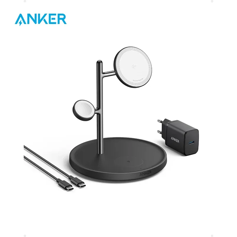 Estação de carregamento sem fio Anker-, carregador MagGo 3-em 1, certificado Qi2, 15W, carregador sem fio para iPhone 15, 15 Pro, 14, 13, Apple Watch, AirPods