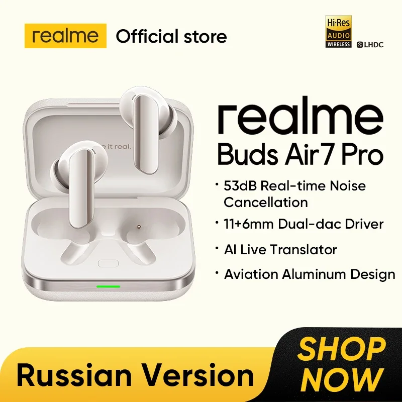 Realme Buds Air 7 Pro TWS Fone de ouvido AI Tradutor ao vivo 53dB Cancelamento de ruído Efeito espacial 3D 11 + 6mm Driver Dual-dac LHDC 5.0