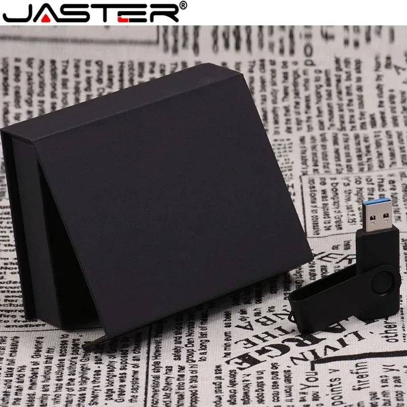 JASTER-USB Flash Drive com Caixa, Memory Stick, Logotipo personalizado grátis, preto e branco, OTG giratório, USB 2.0, 8GB, 16GB, 32GB, 64GB, Business Gift