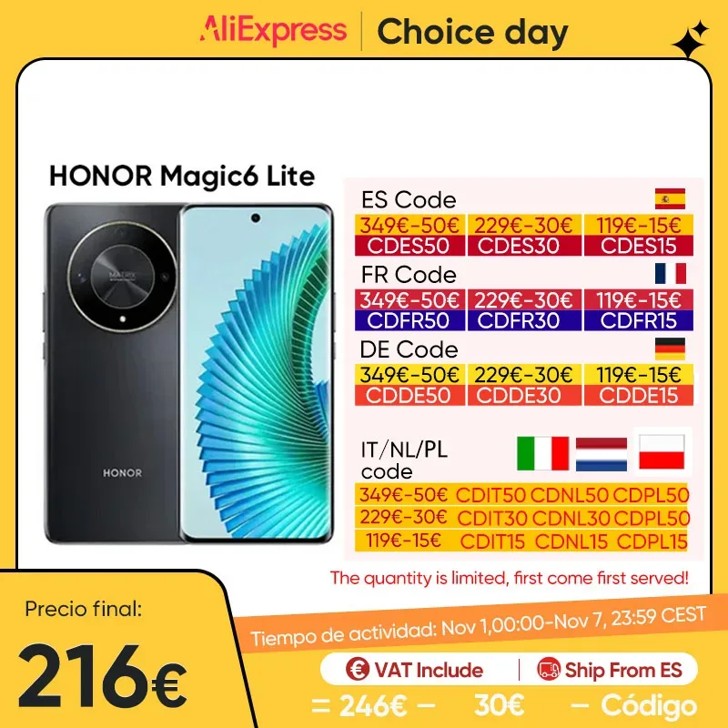 HONOR-Magic6 Lite 5G Smartphone, Celular Versão Global, 6,78 ", Anti-Drop, Display 120Hz, Câmeras Triplas 108MP, Andróide 13, Dual SIM
