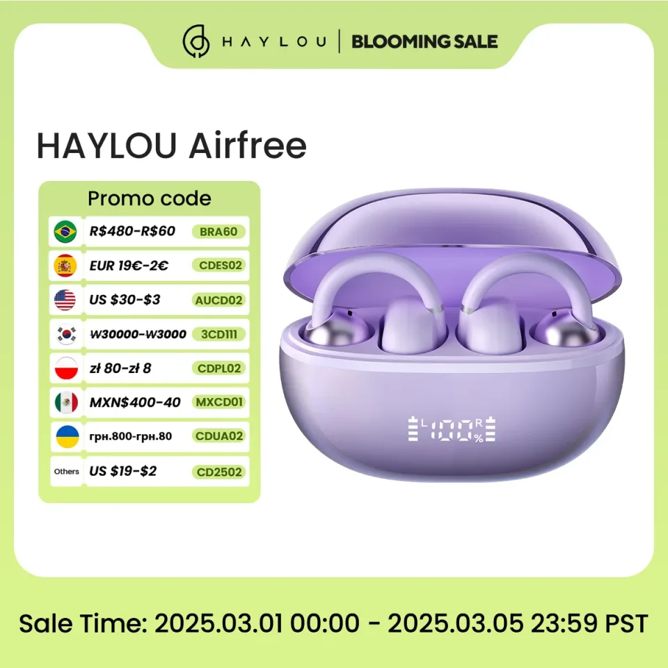 Haylou airfree clipe de orelha fones de ouvido bluetooth 5.4 sem fio duplo-mic ai redução de ruído esportes fones de ouvido inteligente display led