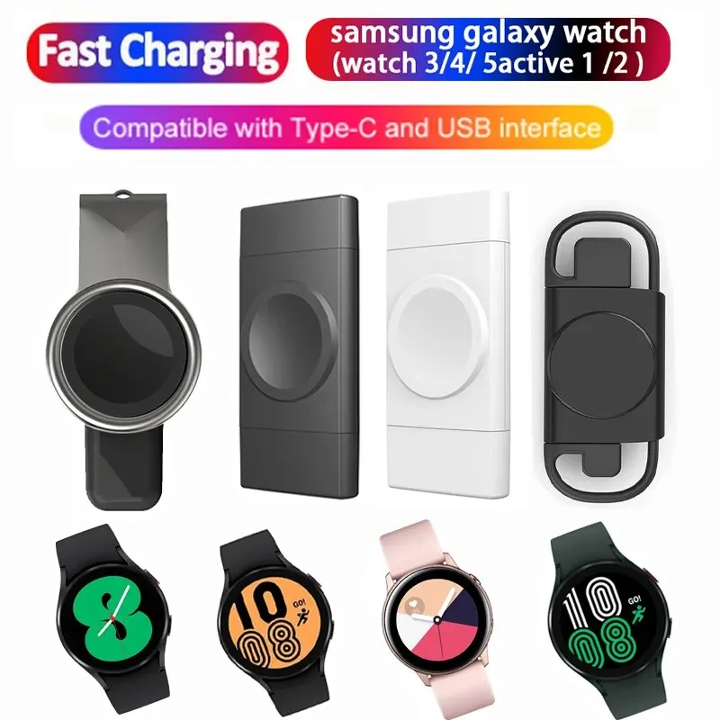 Carregador de relógio magnético portátil, 2 em 1, Carregadores rápidos para Samsung Galaxy Active 2, Classic 6, 5, 4, 3, 40mm, 42mm, 44mm, 46mm