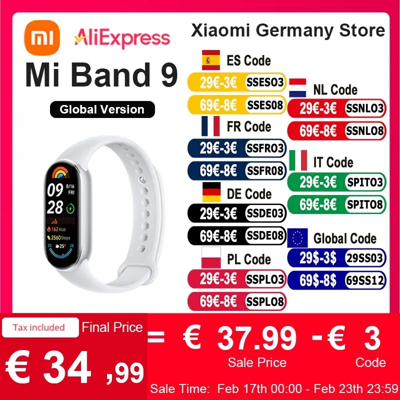 Versão global Xiaomi Mi Band 9 Tela AMOLED de 1,62" Vida útil da bateria de 21 dias Monitoramento do sono Mais de 150 modos esportivos