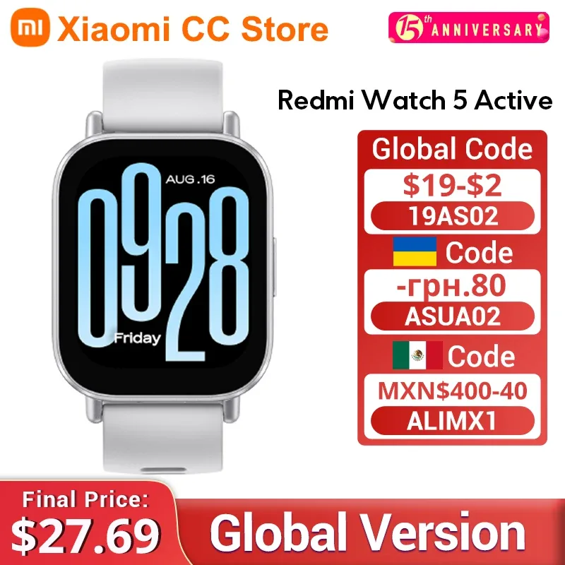 Versão global Xiaomi Redmi Watch 5 Active Até 18 dias de vida 2'' Display 140+ modos de treino Chamada Bluetooth 5ATM