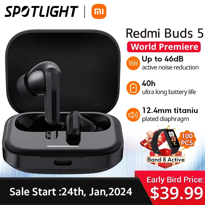 [World Premiere]Xiaomi Redmi Buds 5 46dB versão global cancelamento de ruído ativo até 40 horas de conectividade de dispositivo duplo