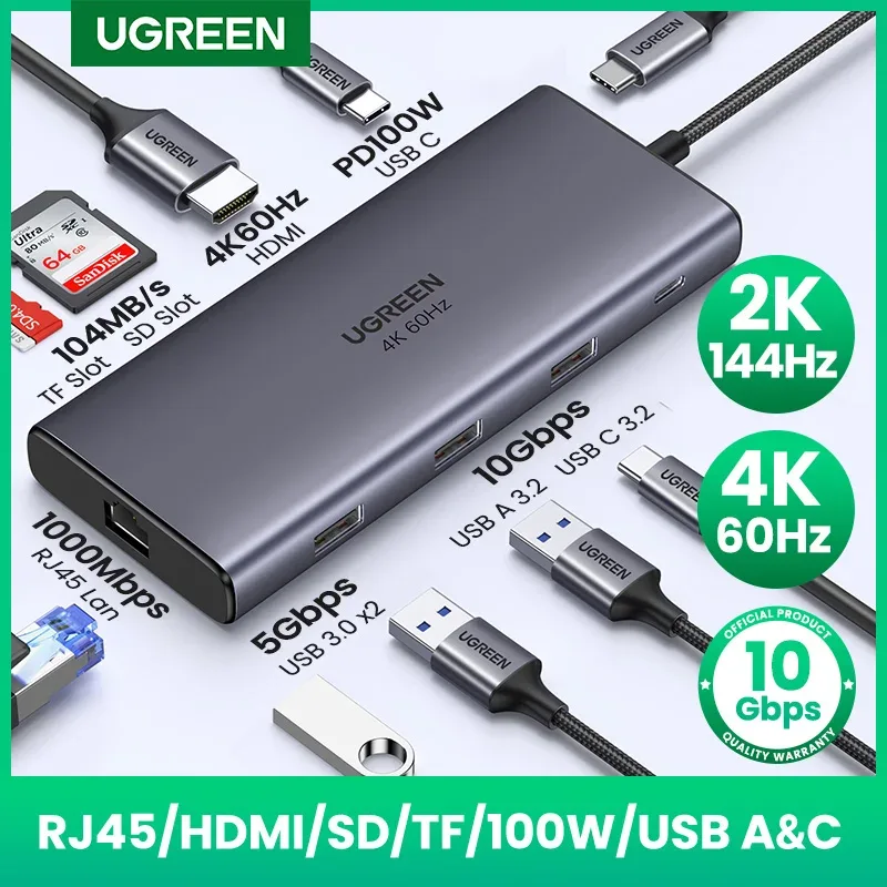 UGREEN 10Gbps USB C HUB 4K60Hz Tipo-C para HDMI RJ45 PD100W SD & TF Adaptador USB para Macbook iPad Samsung Acessórios para laptop Encaixe