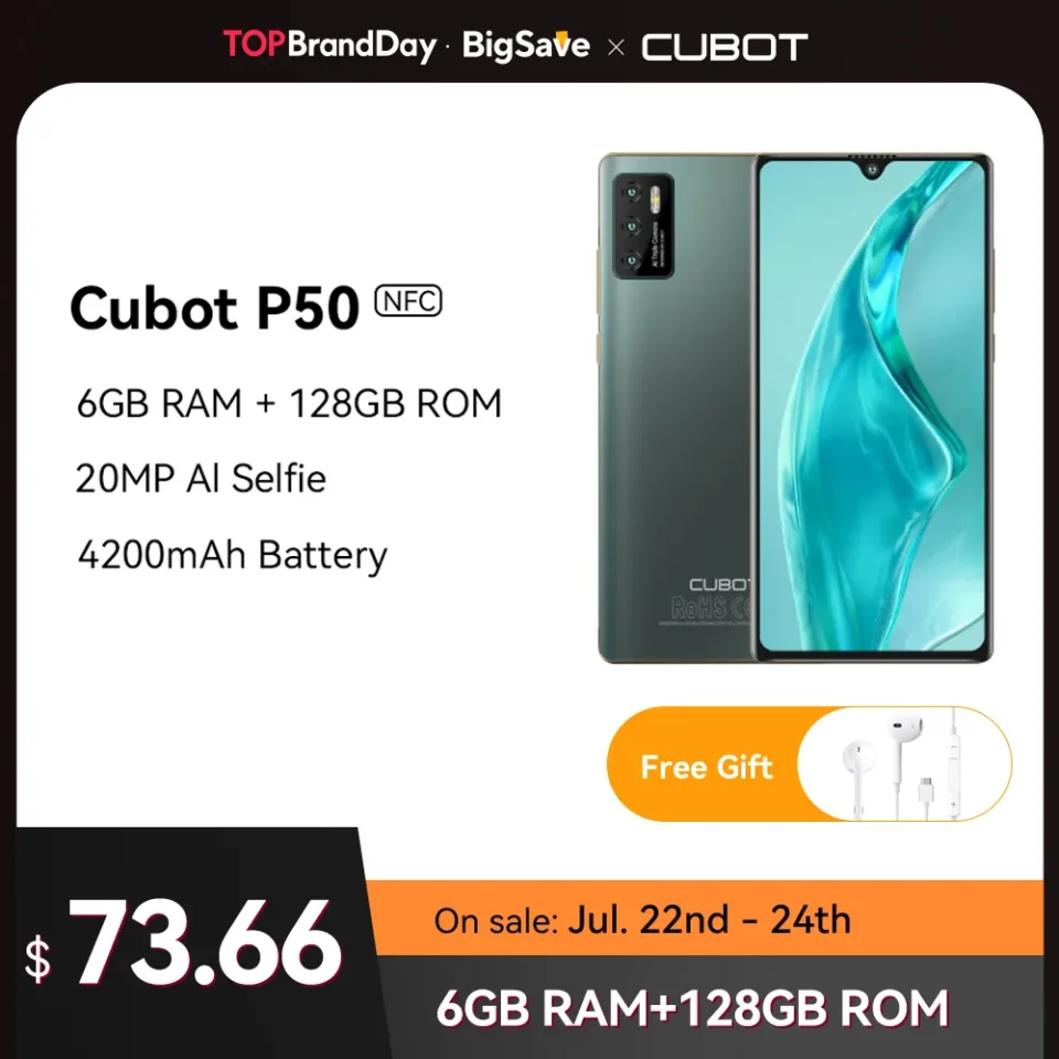 Cubot-P50 Smartphone Android, 6GB de RAM, 128GB ROM, Octa-Core, 4200mAh, 6,2 "Screen, NFC, Câmera 20MP, 4G Celular, Telemóveis