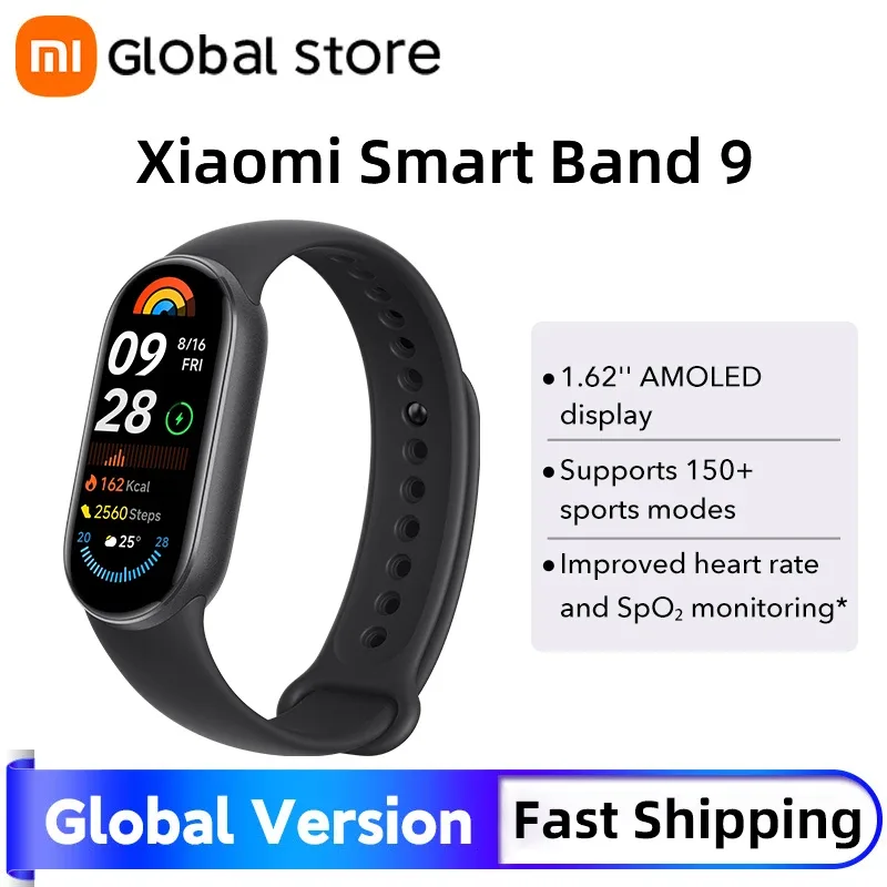 Versão global Xiaomi Smart Band 9 Tela AMOLED de 1,62 ''Fino a vida útil da bateria de 21 dias * frequência e monitoramento SpO2 * Mais de 150 modos esportivos