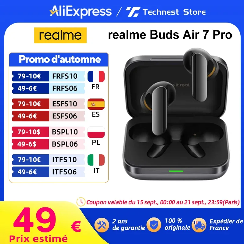 Versão global realme buds air 7 pro fone de ouvido sem fio 53db cancelamento de ruído em tempo real bluetooth 5.4 até 48 horas de reprodução