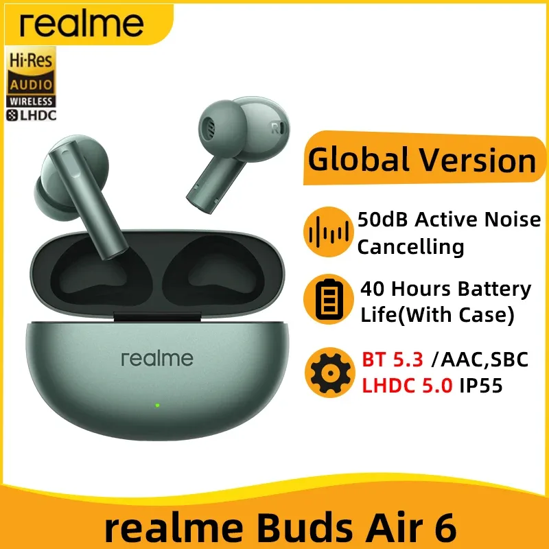 Versão global realme buds air 6 verdadeiro fone de ouvido sem fio 50db cancelamento de ruído ativo tws fone de ouvido ip55 40 horas de vida útil da bateria