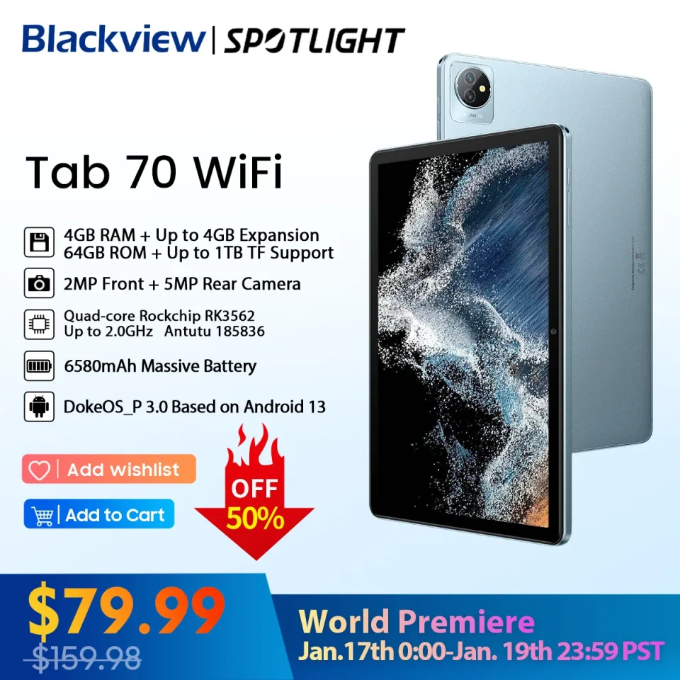 Blackview-Tab 70 Tablet Android 13, Wi-Fi, 4GB, 64GB, 10.1 "HD Display, 6580mAh, 2.4G, 5G, PC, [Estreia Mundial]