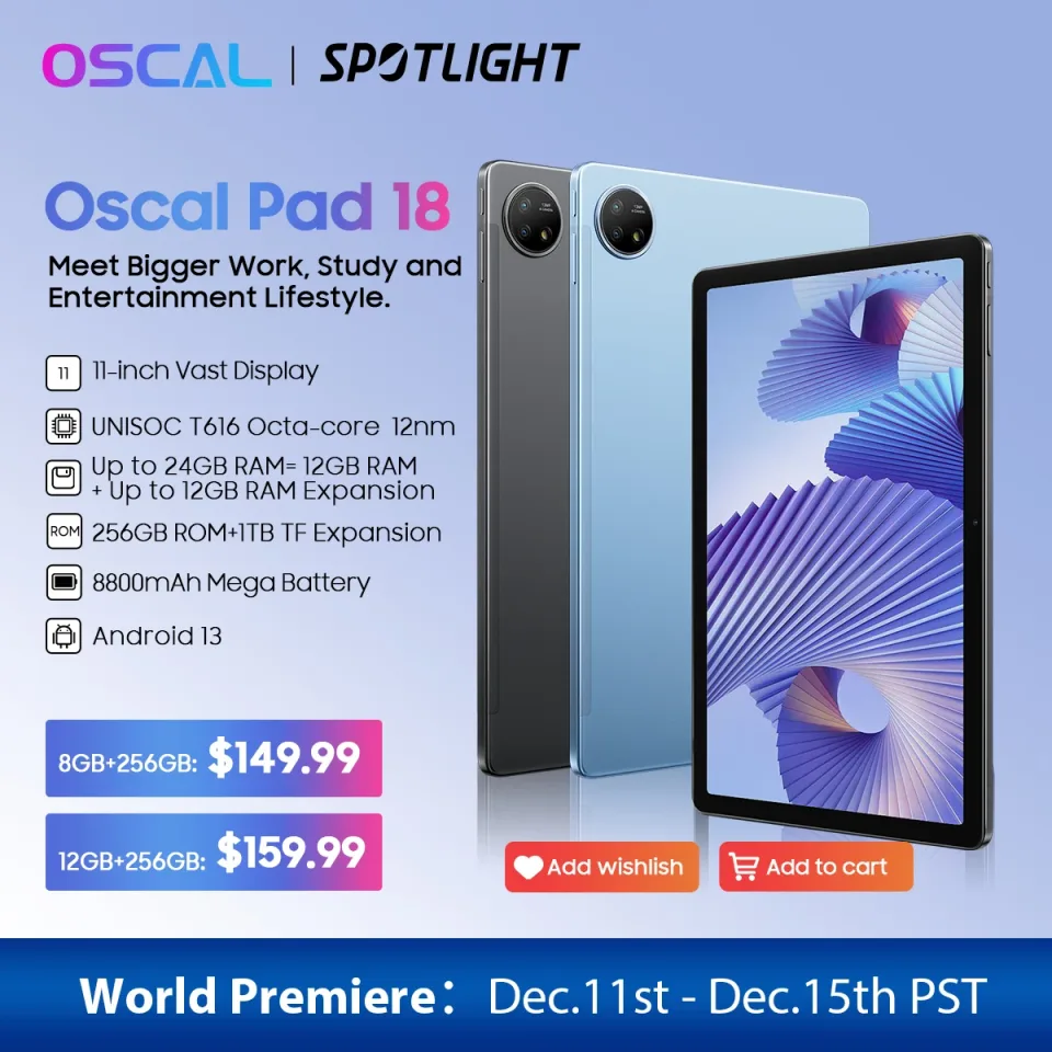 Oscal Pad 18 Tablet, Android 13, 24GB, 12 + 12, 256GB, 11 "FHD + Display, Núcleo Octa, Bateria 8800mAh, Câmera 13MP, 4G, PC, estreia Mundial