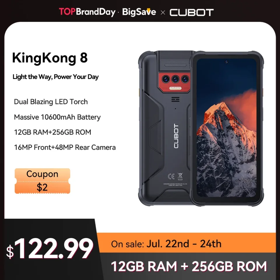 Cubot King Kong 8, IP68/IP69K à prova d'água, 12 GB de RAM (6 GB + 6 GB estendidos), ROM de 256 GB (suporte para expansão de 1TB), NFC, bateria de 10600mAh, , lanterna LED dupla, Adicionar ao carrinho