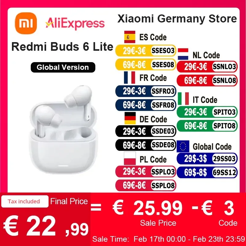 Versão global Xiaomi Redmi Buds 6 Lite Fone de ouvido Bluetooth 5.3 Atualização de design Otimizado conforto intra-auricular