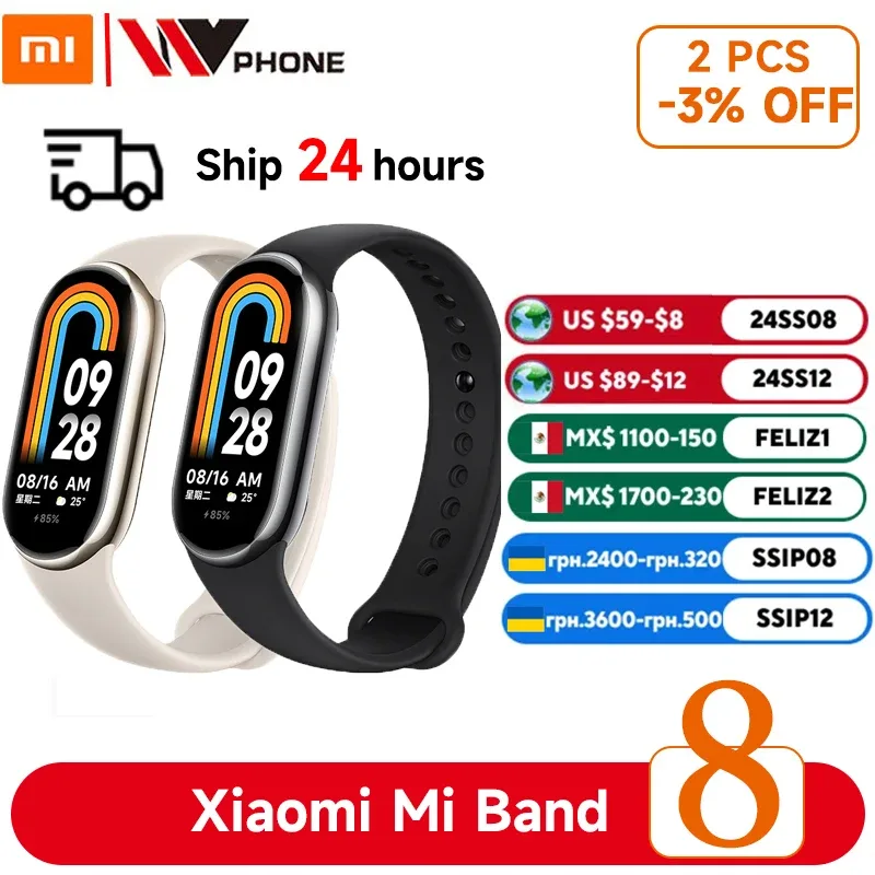 Xiaomi-Mi Band 8, Oxigênio no Sangue, Tela AMOLED 1.62 ", SmartBracelet, 7 Cores, Bateria de Longa Duração, Modos Esportivos 150 +