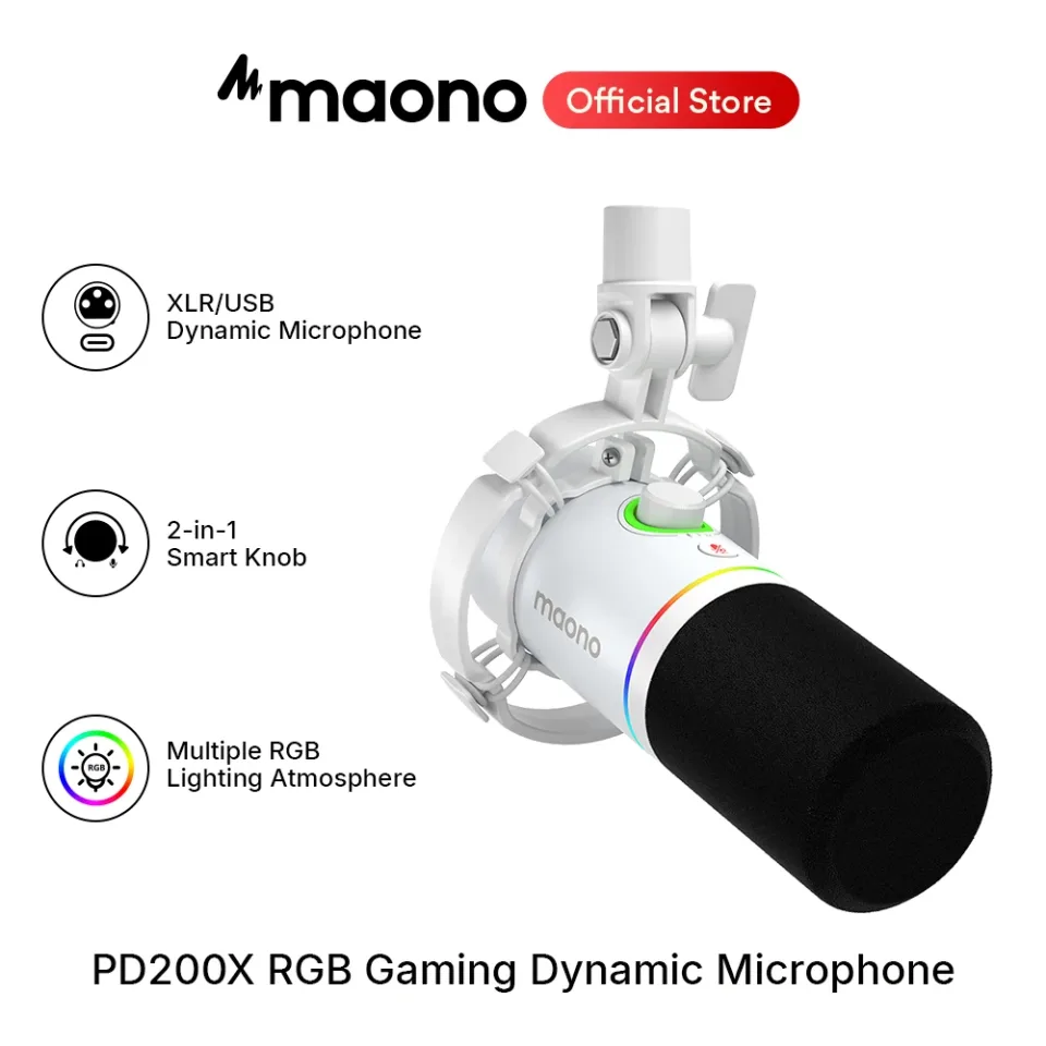Microfone Gamer Maono PD200X RGB, Microfone Dinâmico com Modo Duplo USB/XLR, Microfone para Podcast RGB XLR/USB para Jogos e Podcasting