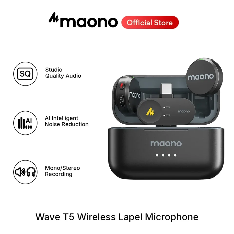 Microfone de lapela sem fio Maono Wave T5 com mini filtro de voz e cancelamento de ruído para gravação de vídeo e streaming, compatível com telefones e câmeras.