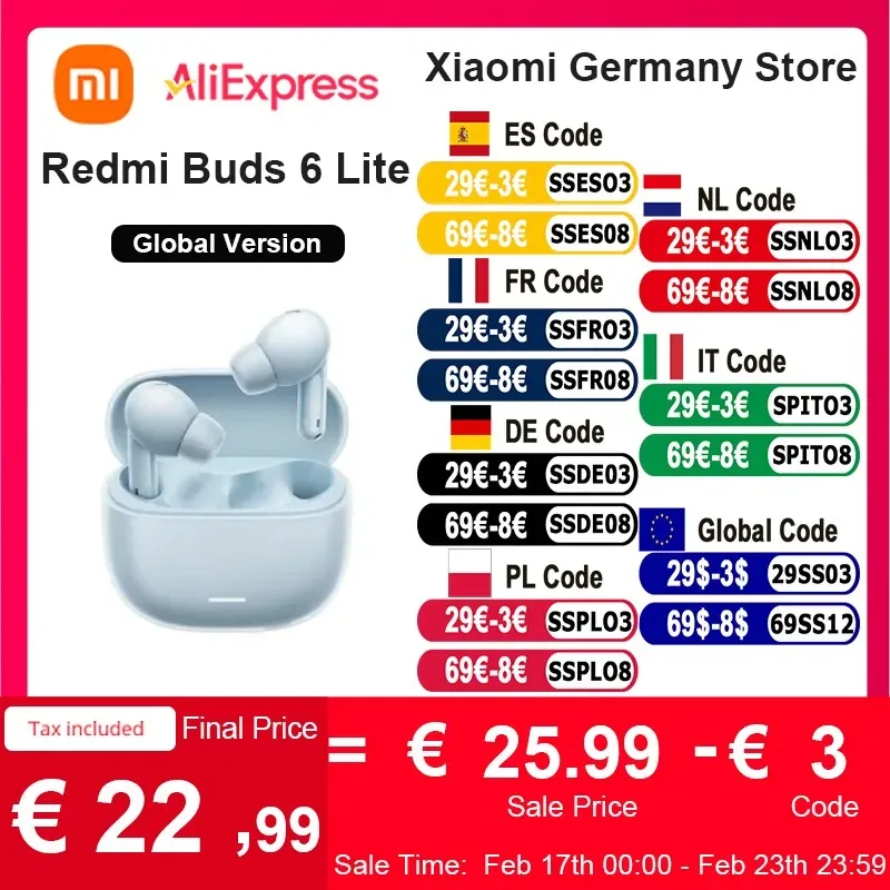 Xiaomi-Redmi Buds 6 Lite, Versão Global, Bluetooth 5.3, Design Otimizado, In-Ear, Confortável, Upgrade
