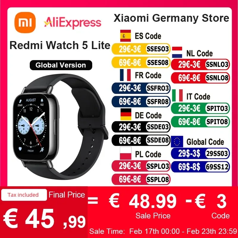Xiaomi-Redmi Watch 5 Lite Versão Global, Tela AMOLED de 1,96 ", Bluetooth, GNSS, 150 + modos esportivos, oxigênio no sangue, 18 dias de duração da bateria
