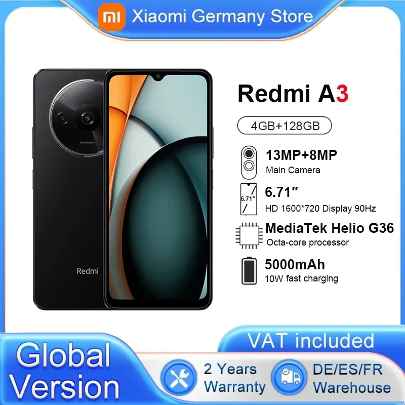 Xiaomi-Smartphone Redmi A3 Versão Global, Mediatek Helio, Ecrã HD G36, 6.71 ", Câmara Dupla, Bateria 5000mAh, Carregamento Rápido 10W