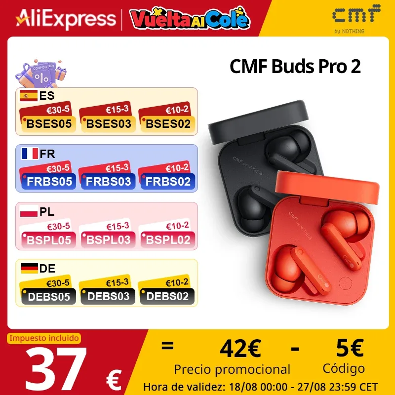 Versão global CMF by Nothing Buds Pro 2 Auscultadores sem fios com cancelamento ativo de ruído híbrido de 50 dB 6 HD MICS IP55 Bluetooth 5.3 CMF Buds Pro 2