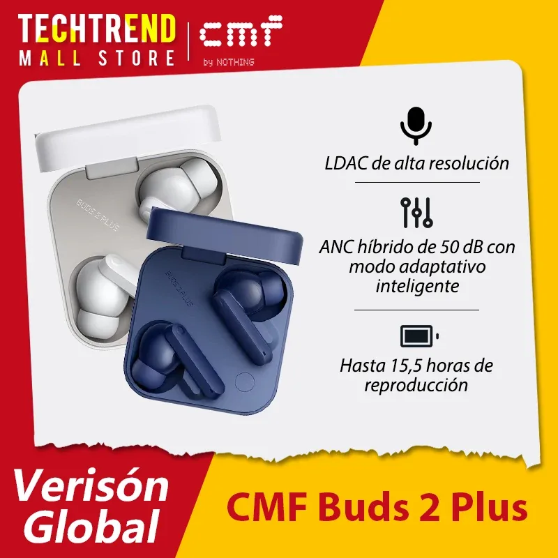 Versão global dos auscultadores sem fios CMF Buds 2 Plus 12mm LCP Driver 50dB Híbrido ANC Hi-Res LDAC IP55 Resistência à água e ao pó