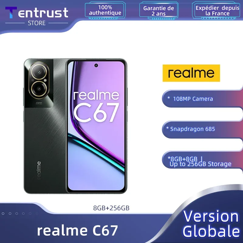 Realme-C67 Celular Versão Global, Câmera Principal de 108MP, Snapdragon 685, Display 6.72 ", Carga SuperVOOC de 33W, Bateria 5000mAh, 67