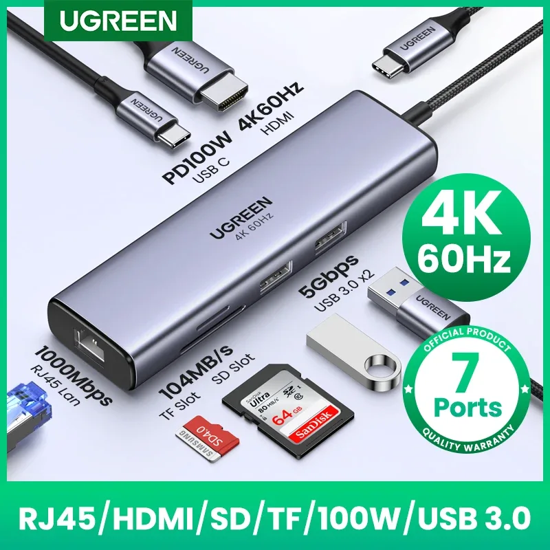 UGREEN USB-C HUB 7 em 1 Tipo-C para 4K60Hz HDMI HDR PD100W RJ45 SD e TF Portas USB3.0 para MacBook Laptop Estação de acoplamento divisor USB