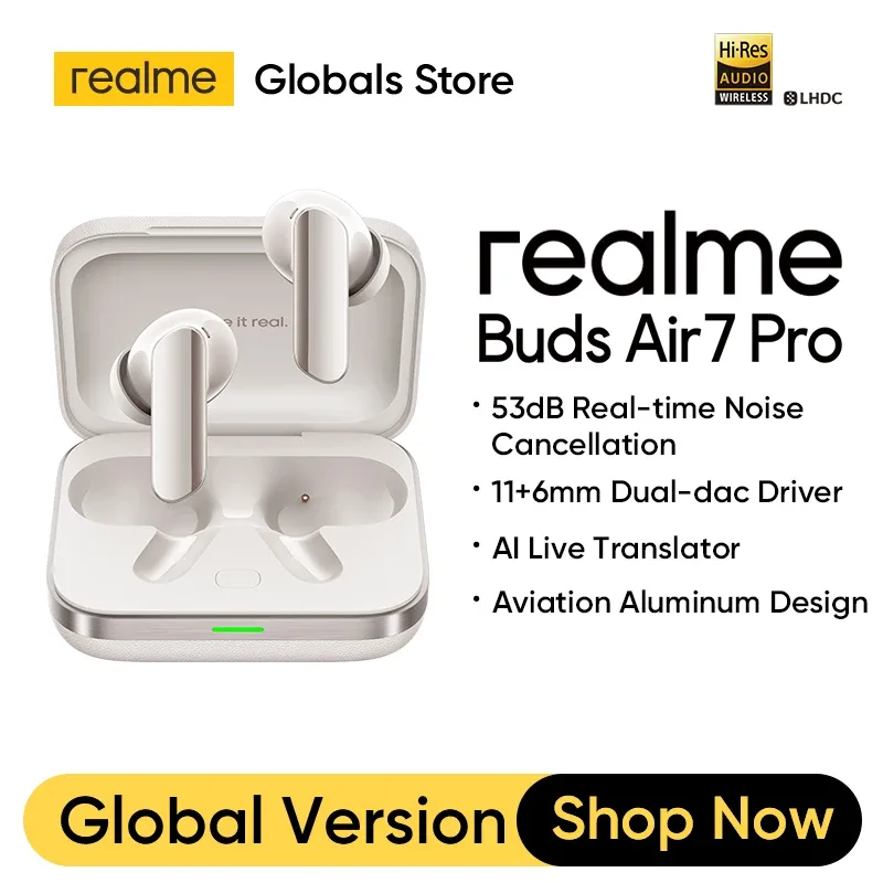 Realme Buds Air7 Pro TWS Fone de ouvido AI Tradutor ao vivo 53dB Cancelamento de ruído Efeito espacial 3D 11 + 6mm Driver Dual-dac LHDC 5.0