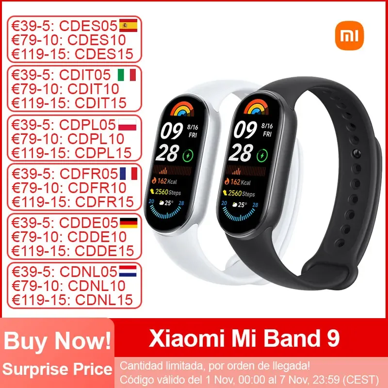 Xiaomi-Mi Band 9 Pulseira Inteligente, Tela AMOLED 1.62 ", BT5.4, Monitoramento da Frequência Cardíaca Oxigênio no Sangue, 150 + Modos Esportivos, Novo