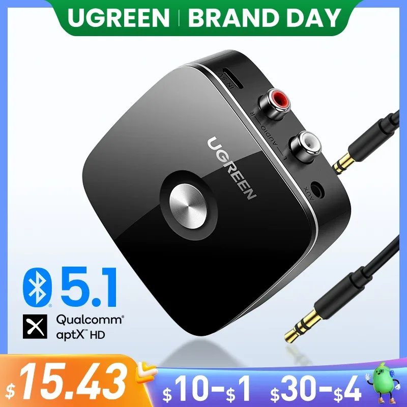 Ugreen bluetooth rca receptor 5.1 aptx hd 3.5mm jack aux adaptador de música sem fio para tv carro 2rca bluetooth 5.0 receptor de áudio