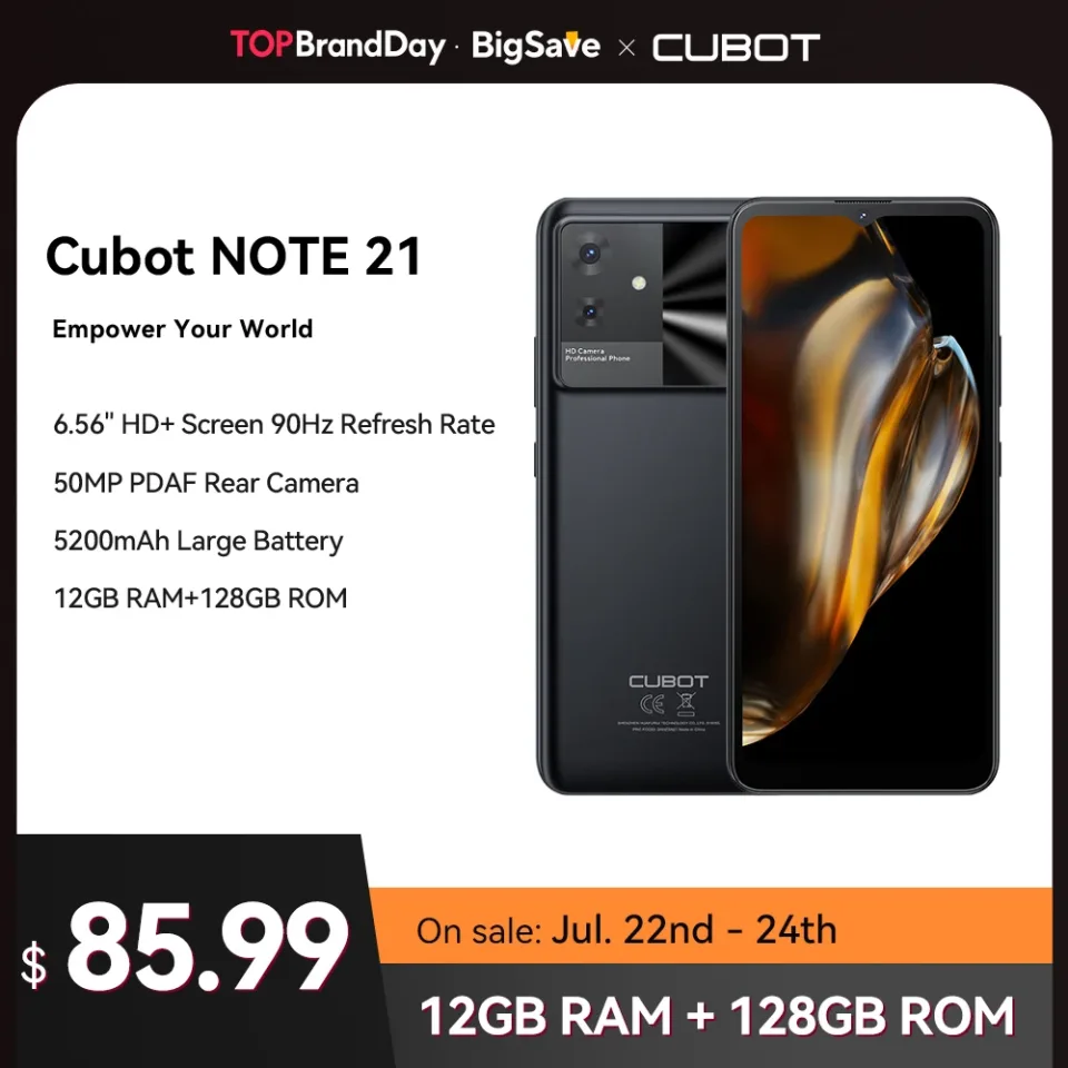 Cubot Note 21, 2023 Novo, Android 13, 12 GB de RAM (6 GB + 6 GB estendidos), 128 GB de ROM(suporta cartão TF de até 1 TB estendido), tela de 6,56 polegadas de 90 Hz, câmera de 50 MP, 5200 mAh, Face ID, Dual SIM Dual 4G