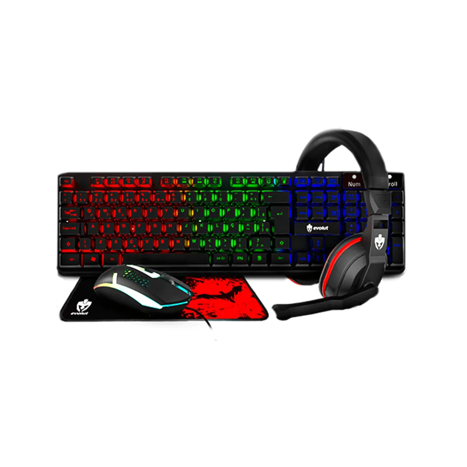 Kit Gamer Evolut 4x1 Eg-54 Teclado Abnt2 Led Rainbow + Mouse Usb 1600dpi + Headset Conexao P2 + Mousepad Speed 250x210x2 Mm