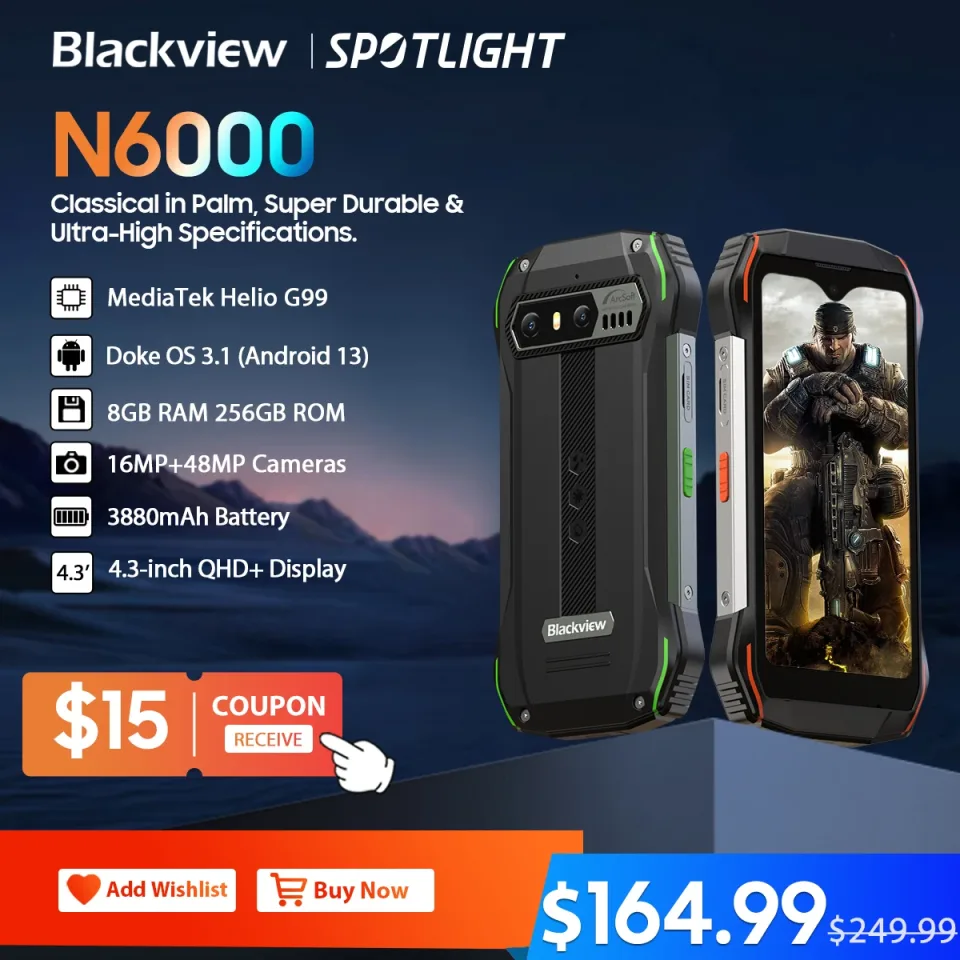 Blackview Máquina Robusta, N6000, Android 13, Helio G99, Octa Core, 16GB, 256GB, Câmeras de 48MP, NFC, Display de 4.3 ", Estreia Mundial