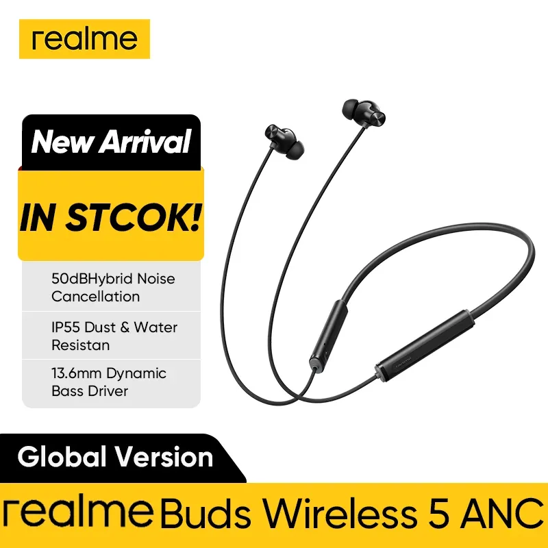 Novo realme buds sem fio 5 anc 13.6mm driver de graves dinâmico bluetooth 5.4 50db híbrido cancelamento ruído sem fio fone ouvido