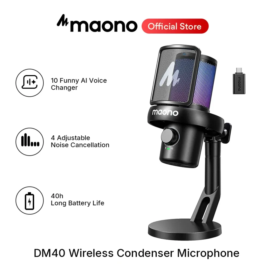 Microfone USB sem fio Maono DM40 com modificador de voz por IA, redução de ruído, microfone condensador para jogos, streaming, PC, laptop e gravação.