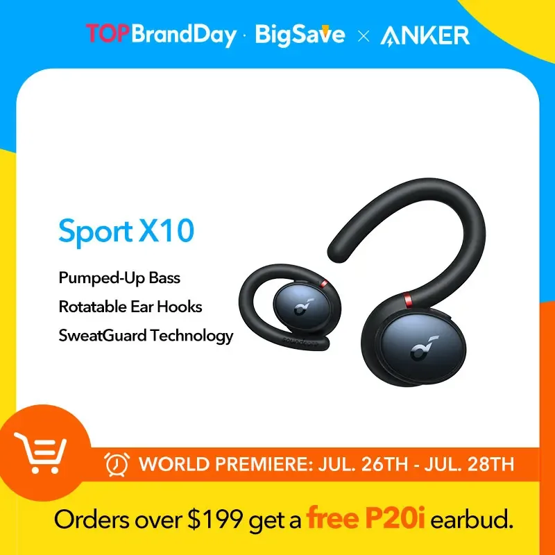 Anker-Soundcore Sport Bluetooth 5.2 Fones de ouvido, fones de ouvido IPX7 impermeáveis, sweatproof, ganchos rotativos, graves profundos, X10