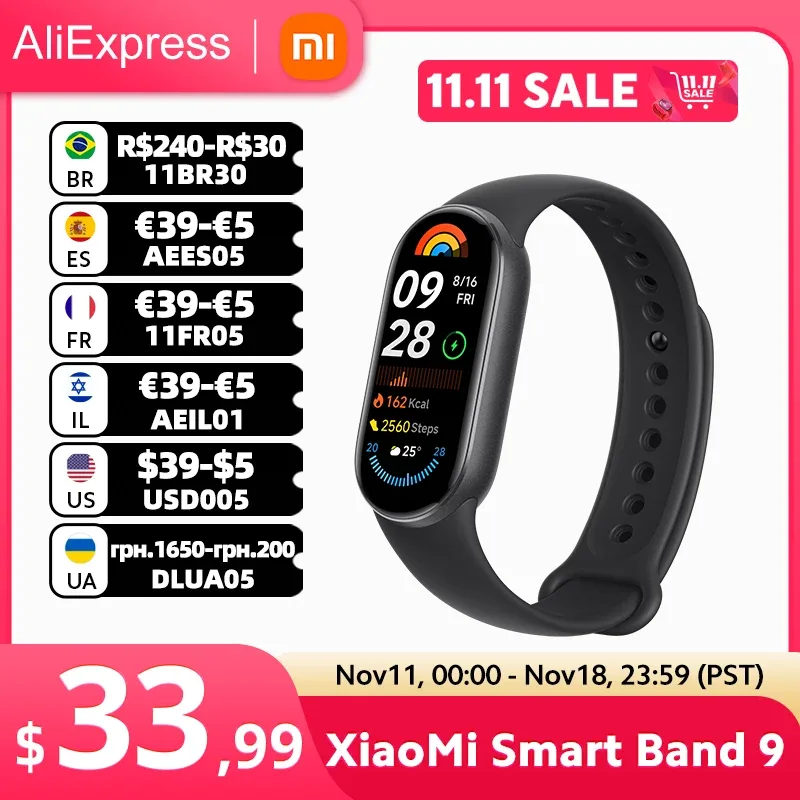 Xiaomi-Smart Band 9, Versão Global, 1.62 "AMOLED Display, BloodOxygen, Monitoramento da frequência cardíaca, 150 + modos desportivos