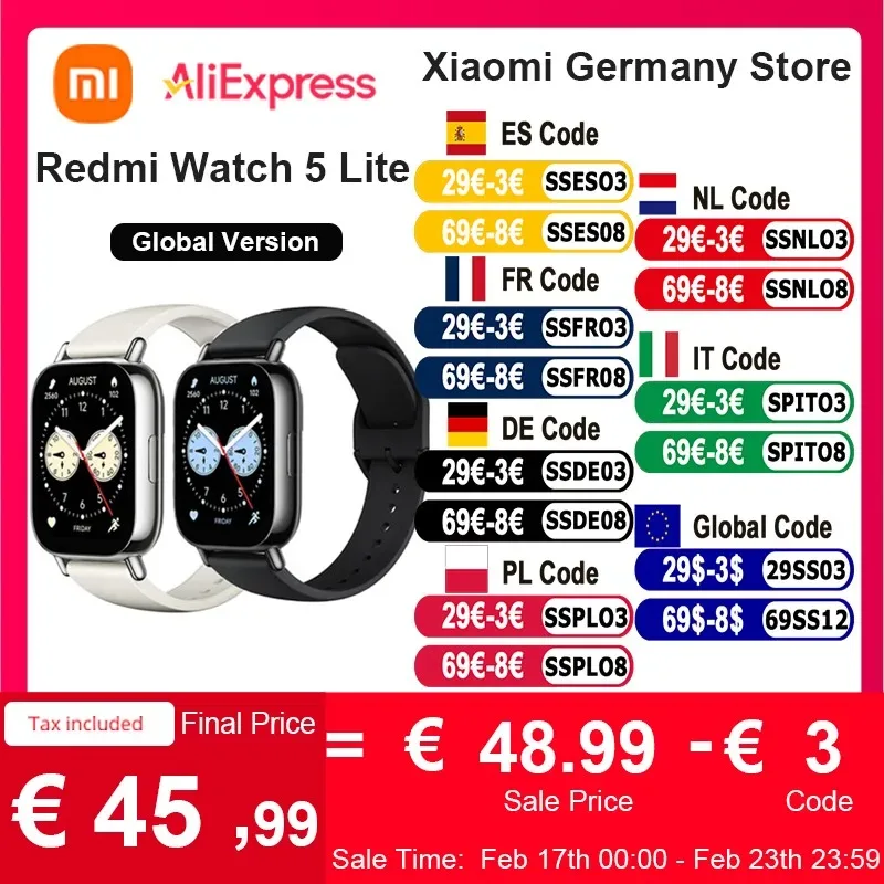 Xiaomi-Redmi Watch 5 Lite, Tela AMOLED de 1,96 ", Bluetooth, GNSS, 150 + Modos Esportivos, Oxigênio no Sangue, 18 Dias de Bateria, Versão Global