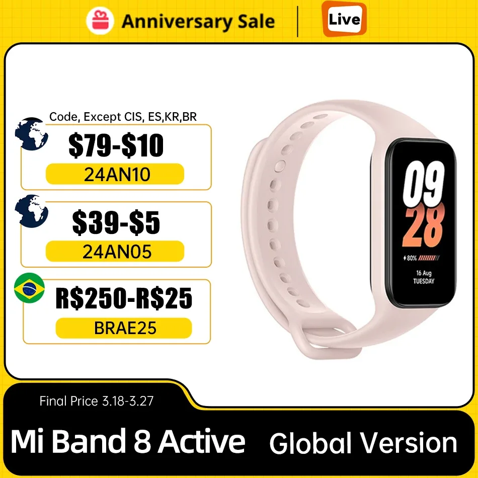 Pulseira Xiaomi-Mi Band 8 Active Fitness, Versão Global, Display de 1,47 ", Sangue, Oxigênio, Monitoramento de Freqüência Cardíaca, Bateria 210mAh