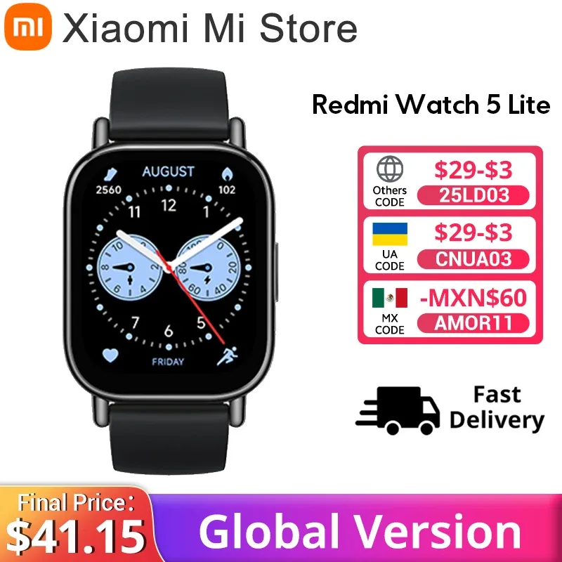 Versão global Xiaomi Redmi Watch 5 Lite Tela AMOLED de 1,96 '' Vida útil da bateria de 18 dias Bluetooth ® chamando GNSS incorporado 5ATM