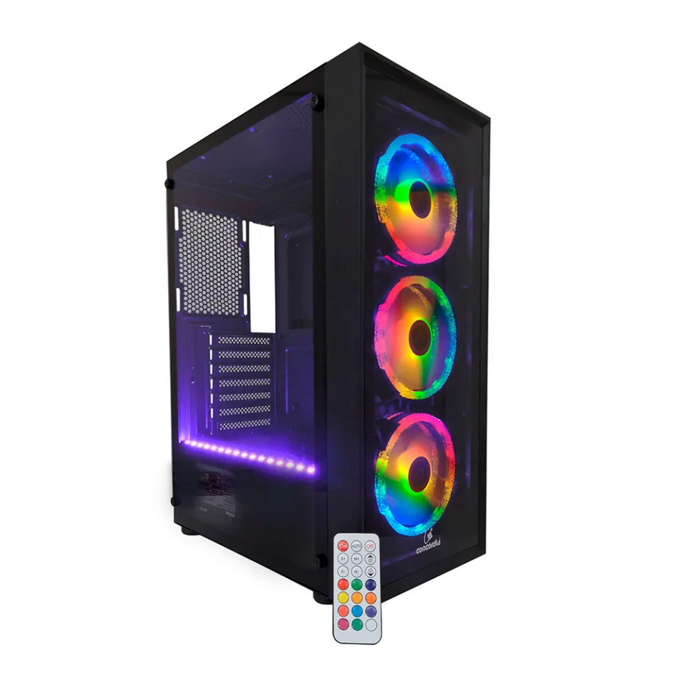 Gabinete Gamer Concórdia Glass X3602 RGB, Fita Led, Controle, Fans