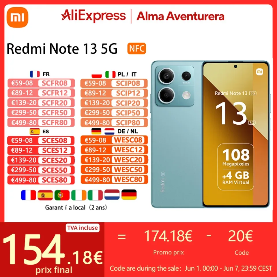 Xiaomi Redmi Note 13 5G,Smart Phones,NFC,MediaTek Dimensity 6080,6.67" AMOLED Screen, 120HZ, 33W Fast Charge, 108MP Camera, Versão Global