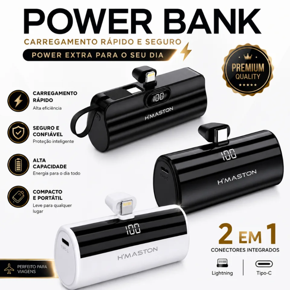 Carregador Portátil Power Bank premium para iphone e android 5000mAh Com 02 Saídas Tipo-C / Lightning com Visor LED