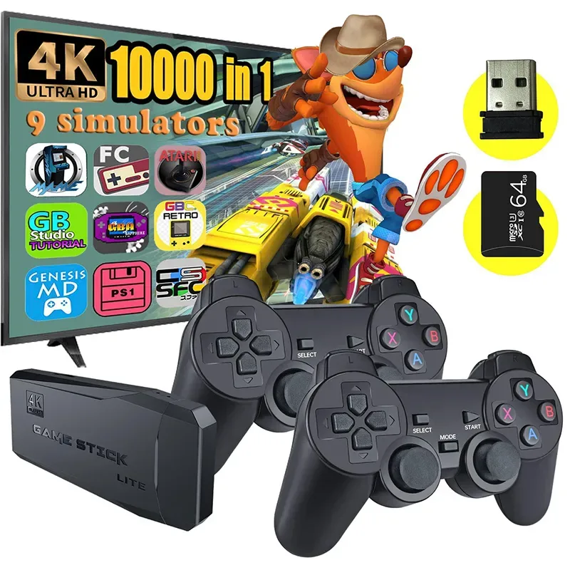 M8 Consolas de videogame, Gamepads retro clássico Gaming, controlador de família para PS1 GBA e MD, sem fio duplo, 10000 jogos, 4K, 2.4G, 64G, TV
