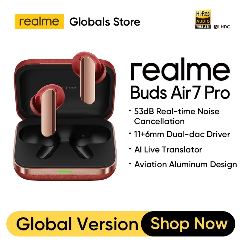 Realme Buds Air7 Pro TWS Fone de ouvido versão russa 53dB 6mic Cancelamento de ruído AI Tradutor ao vivo 11 + 6mm Driver Dual-dac IP55